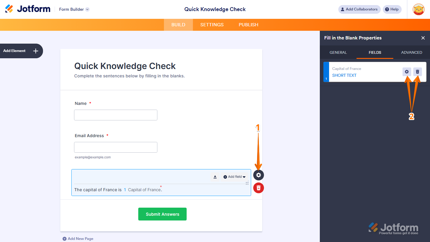 Fill in the Blank Properties Fields tab showing field list with Gear and Trash icons in Jotform