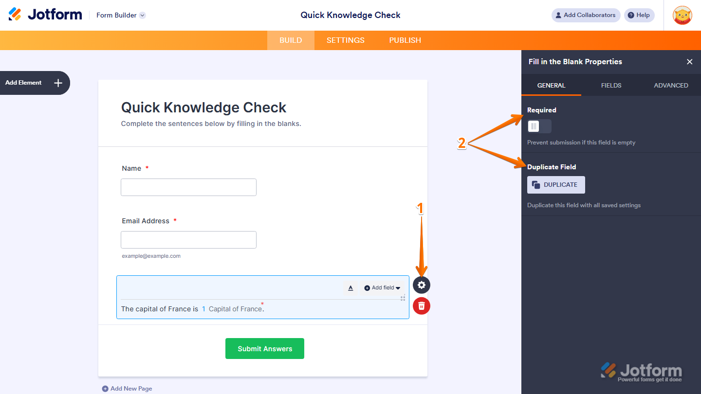 Fill in the Blank Properties panel showing Required toggle and Duplicate Field option in Jotform
