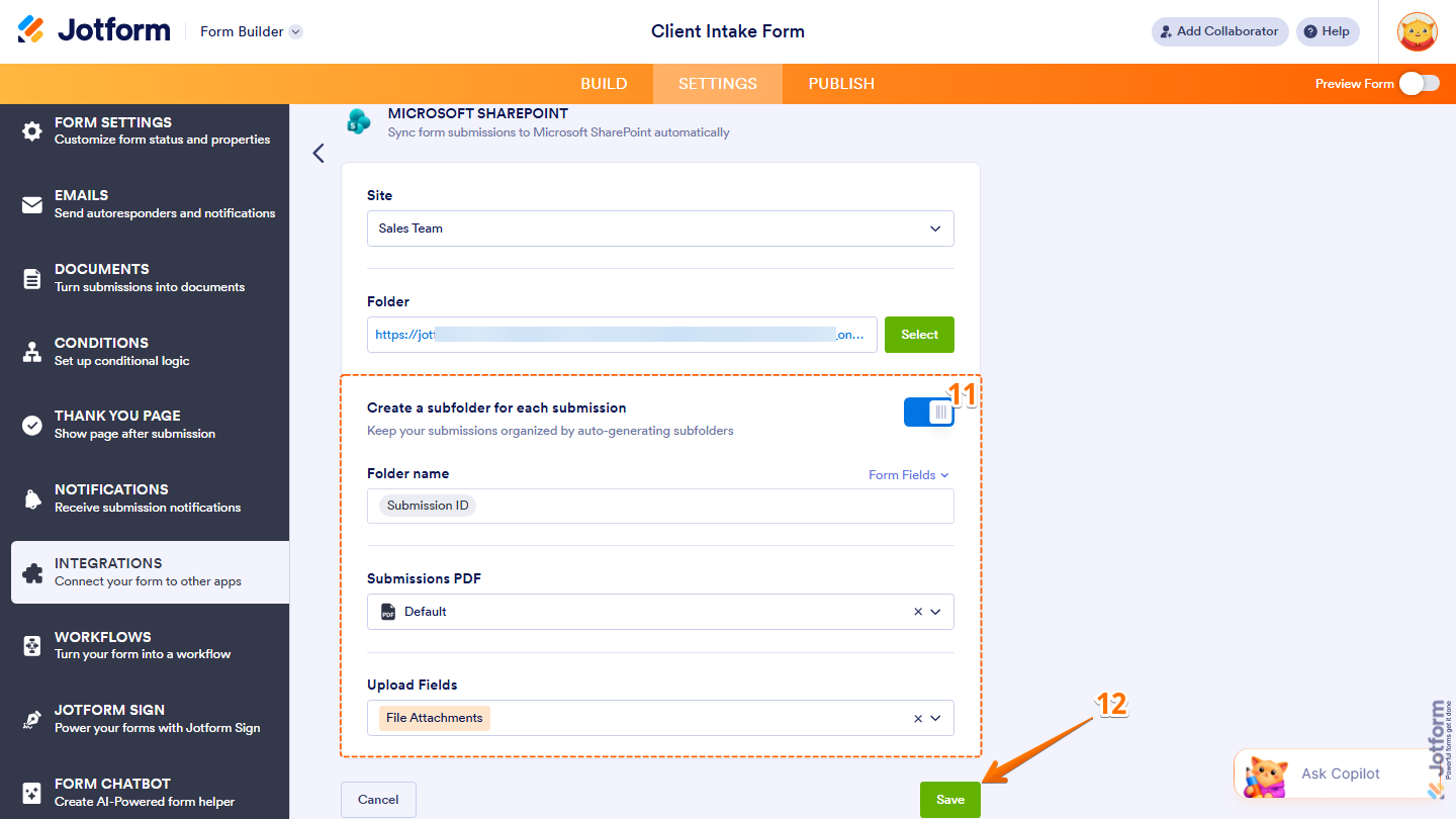 Microsoft SharePoint integration settings showing subfolder options PDF selection upload fields and Save button in Jotform