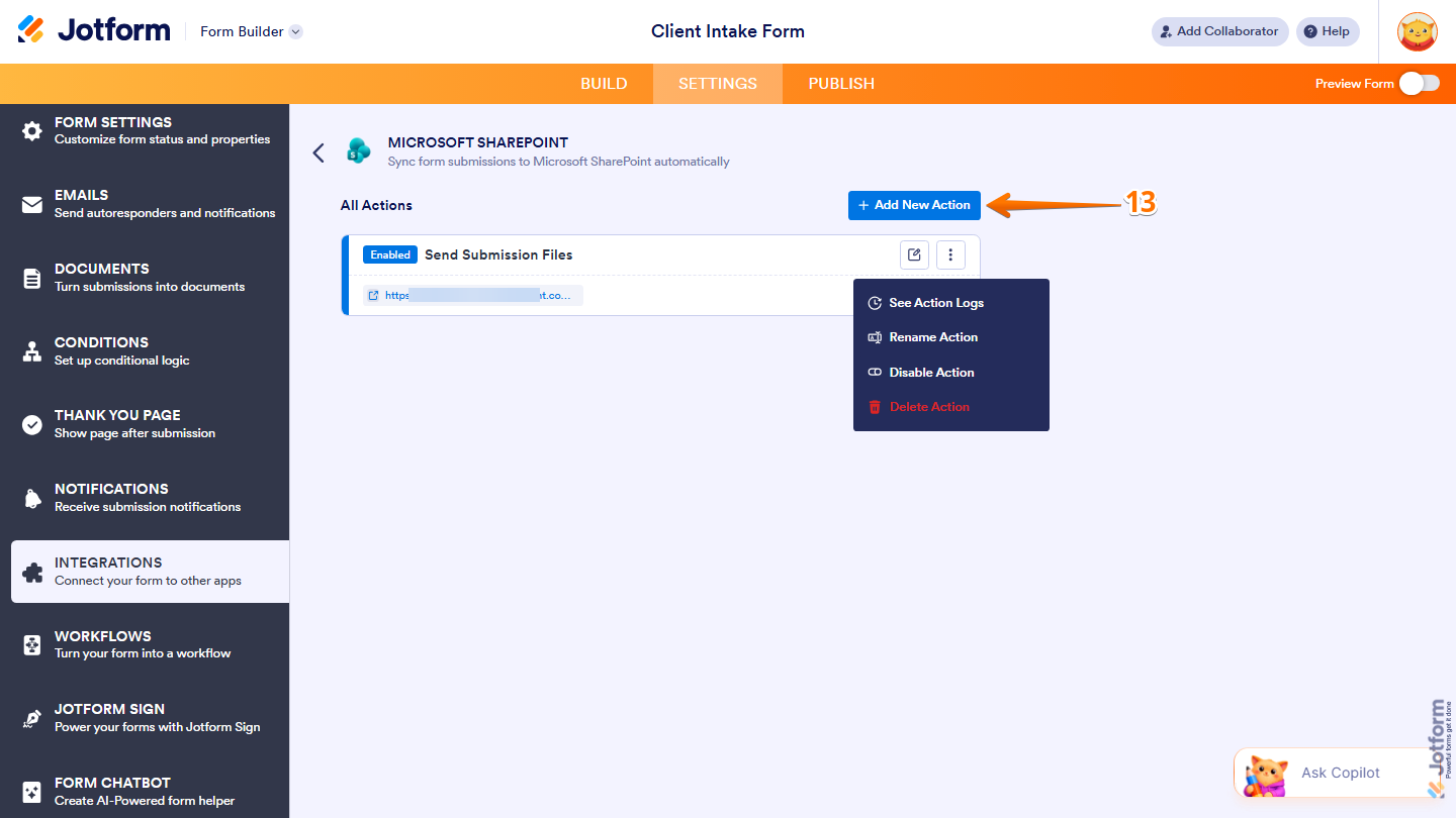 Integration actions page showing configured actions list and Add New Action button in Jotform