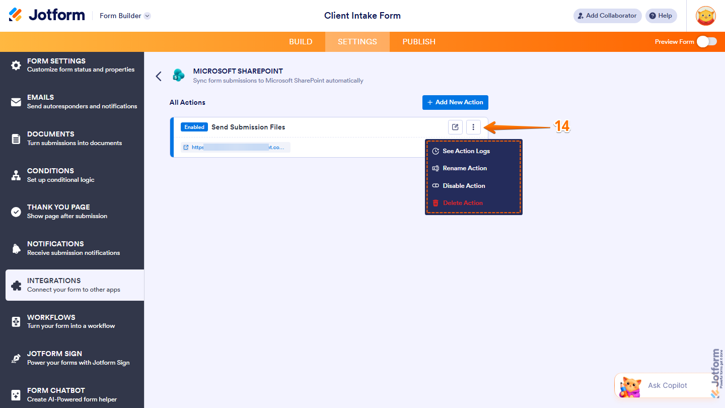 Integration actions list showing Pencil icon and Three Dots menu options in Jotform