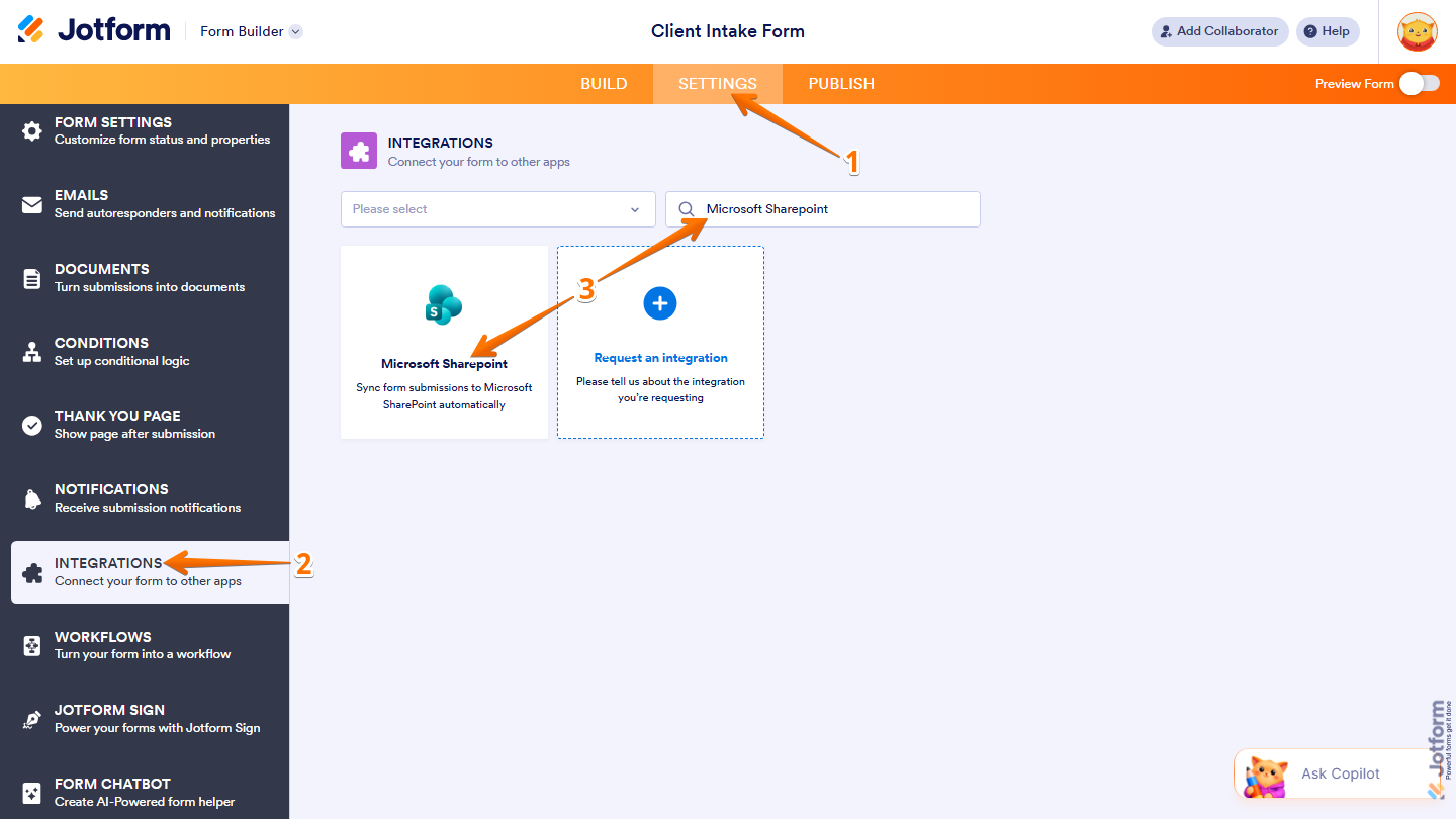 Form Builder Settings Integrations tab showing Microsoft SharePoint search and selection in Jotform