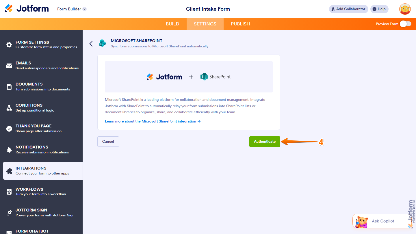 Microsoft SharePoint integration section showing Authenticate button and login prompt in Jotform