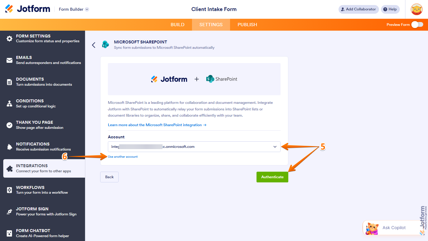 Microsoft SharePoint integration showing account dropdown and Use Another Account option in Jotform
