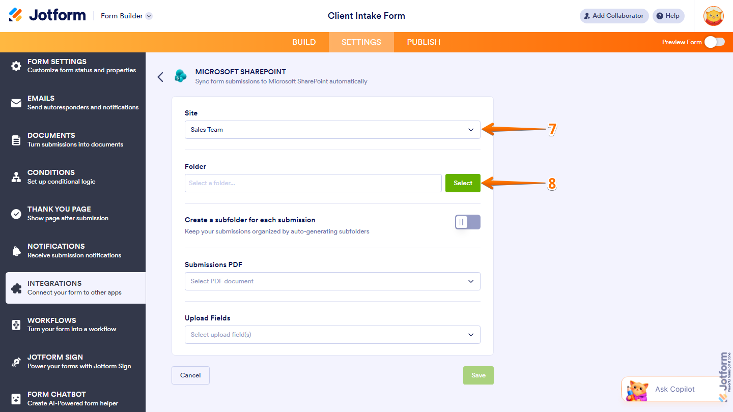 Microsoft SharePoint integration showing Site dropdown and Select folder option in Jotform