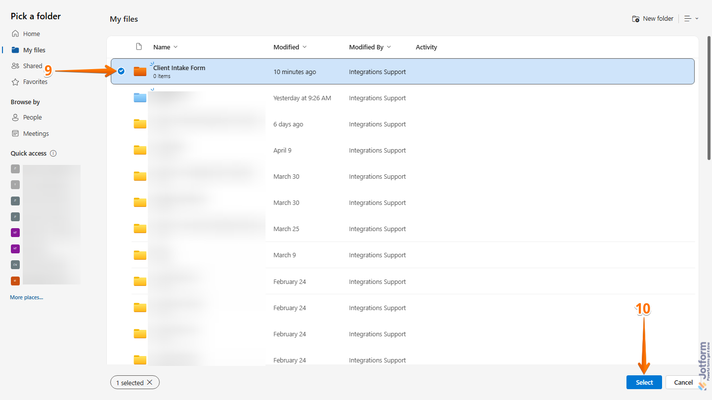 Integration Picker window showing folder selection and Select button in Jotform