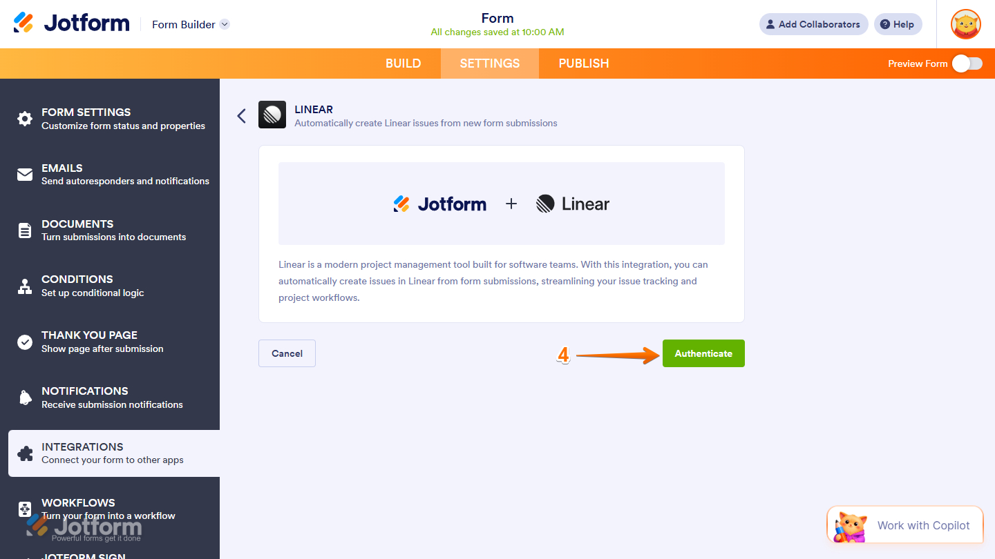 Authenticate button in the Linear integration
