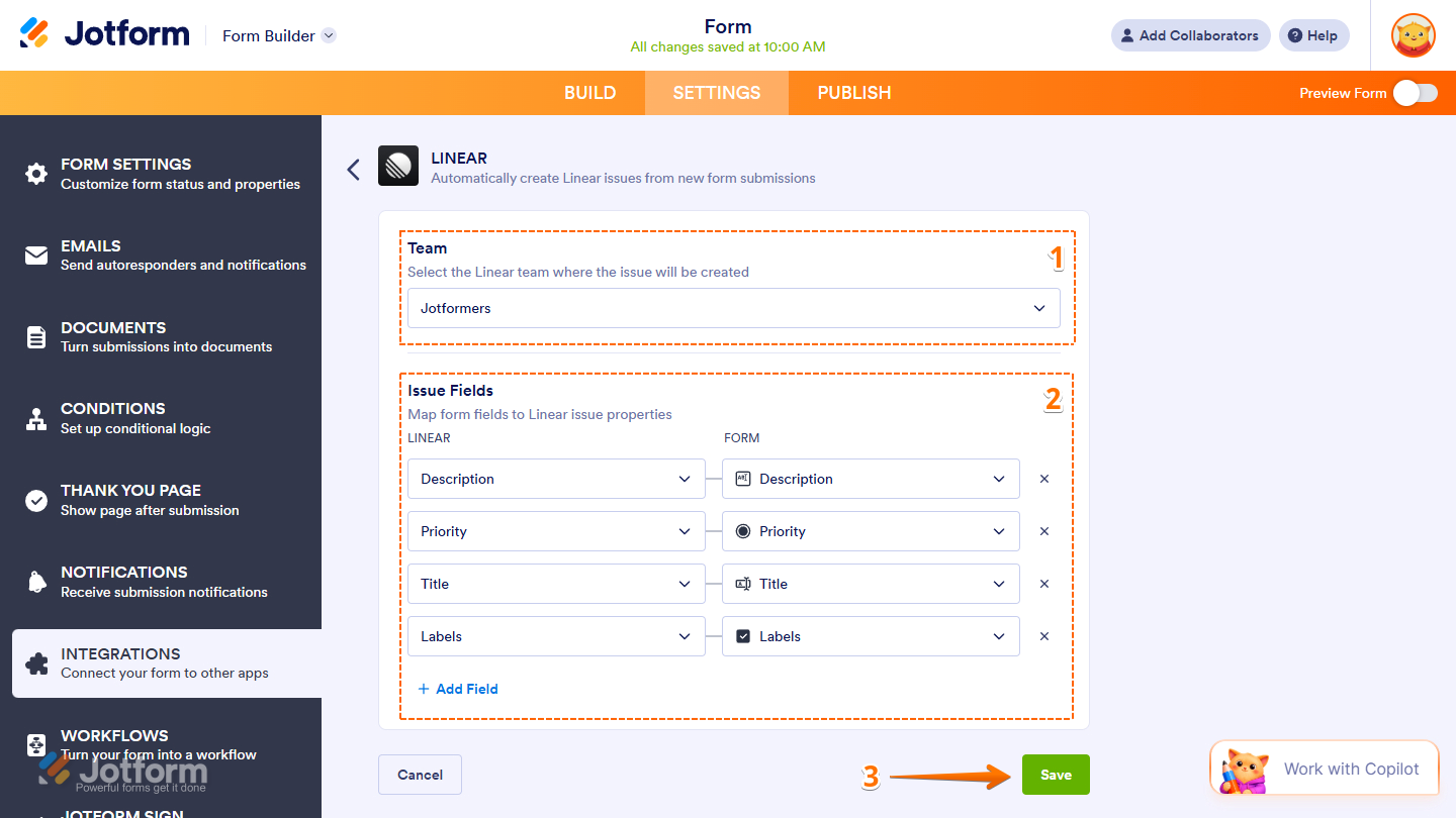 Team and Issue Fields in the Linear integration settings