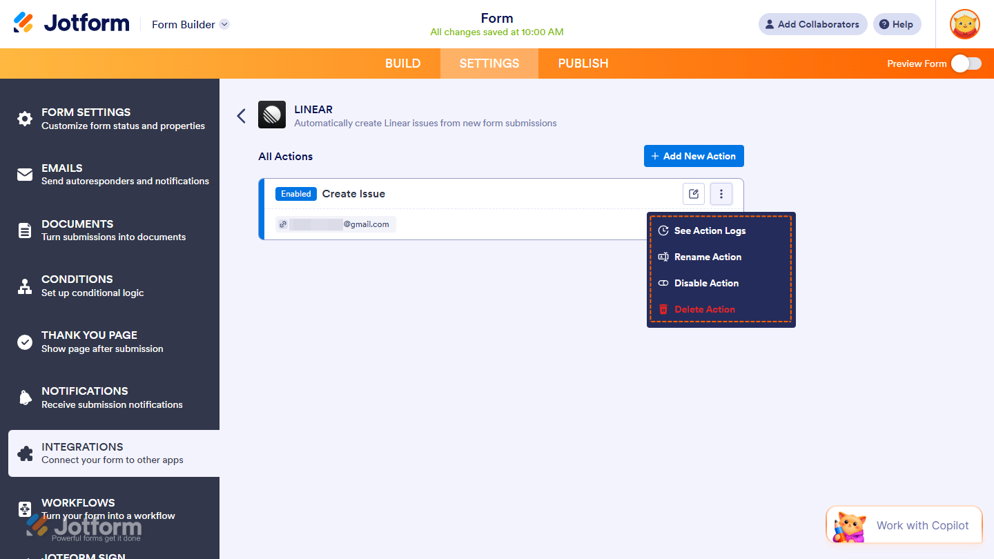 Action menu in the Linear integration page