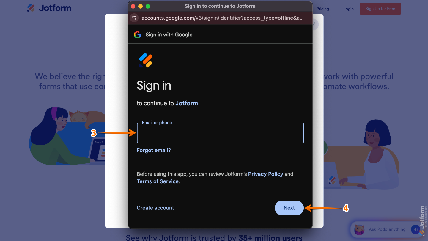 Google Sign-in window showing a field to enter email address or phone number before clicking Next