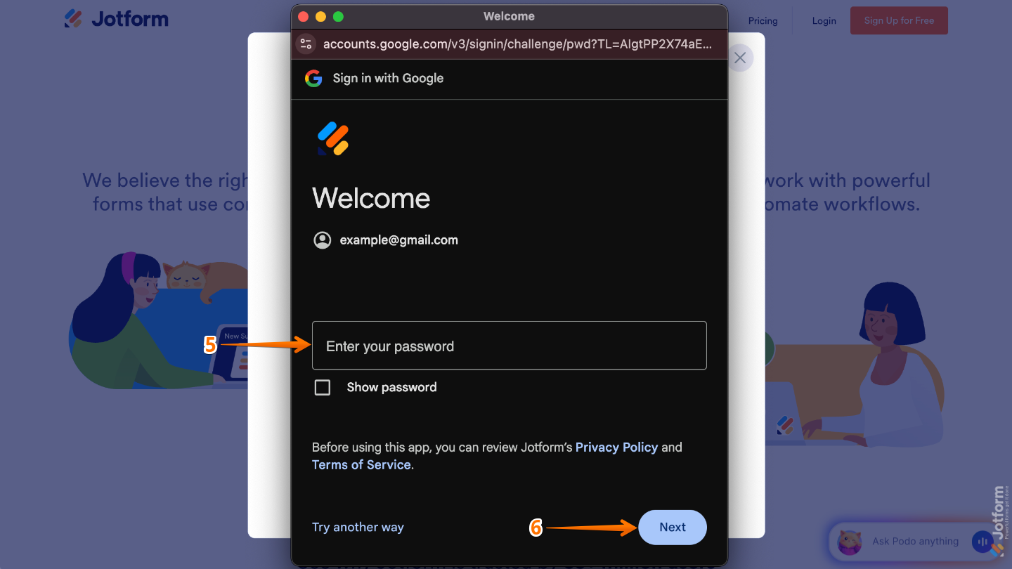 Google Sign-in window showing the password field for entering account credentials before clicking Next