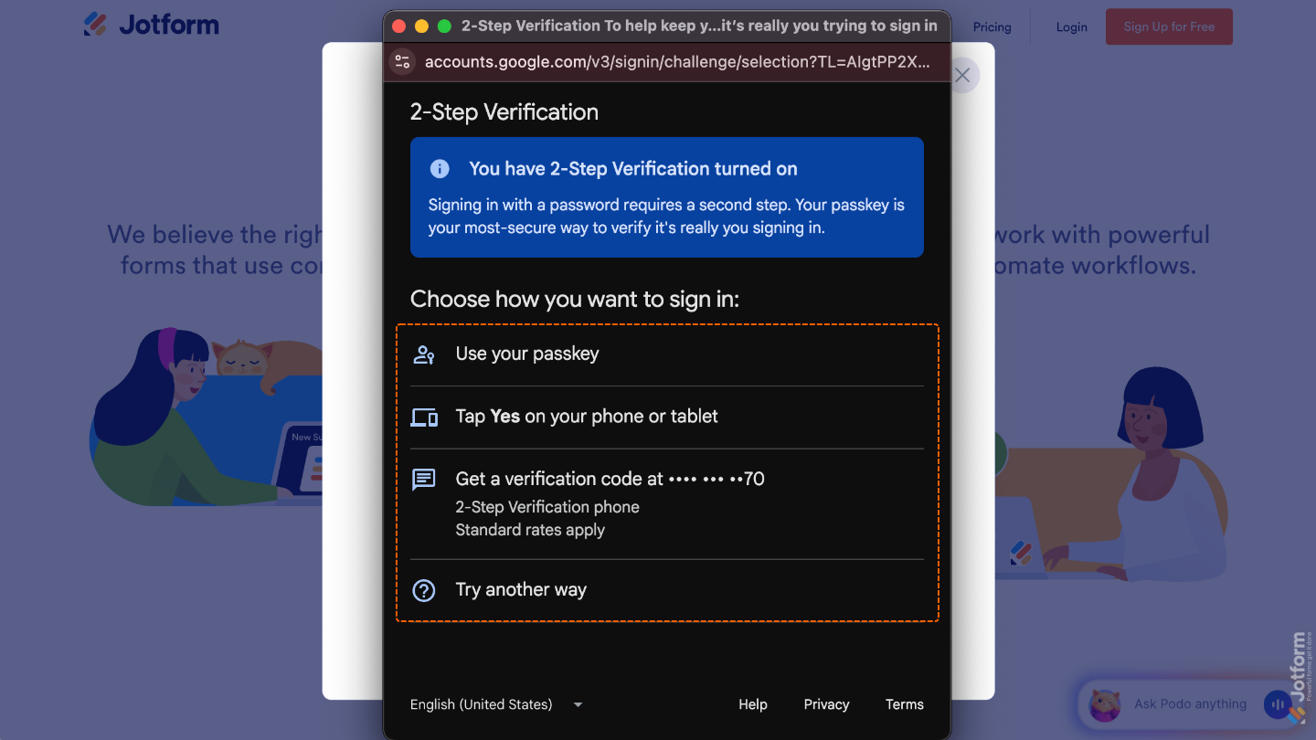 Google 2-Step Verification screen prompting the user to choose a verification method during login