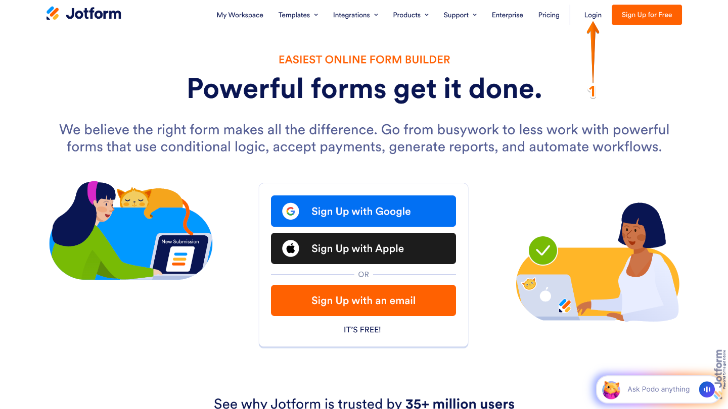 Login page highlighting the Login button in the upper-right corner