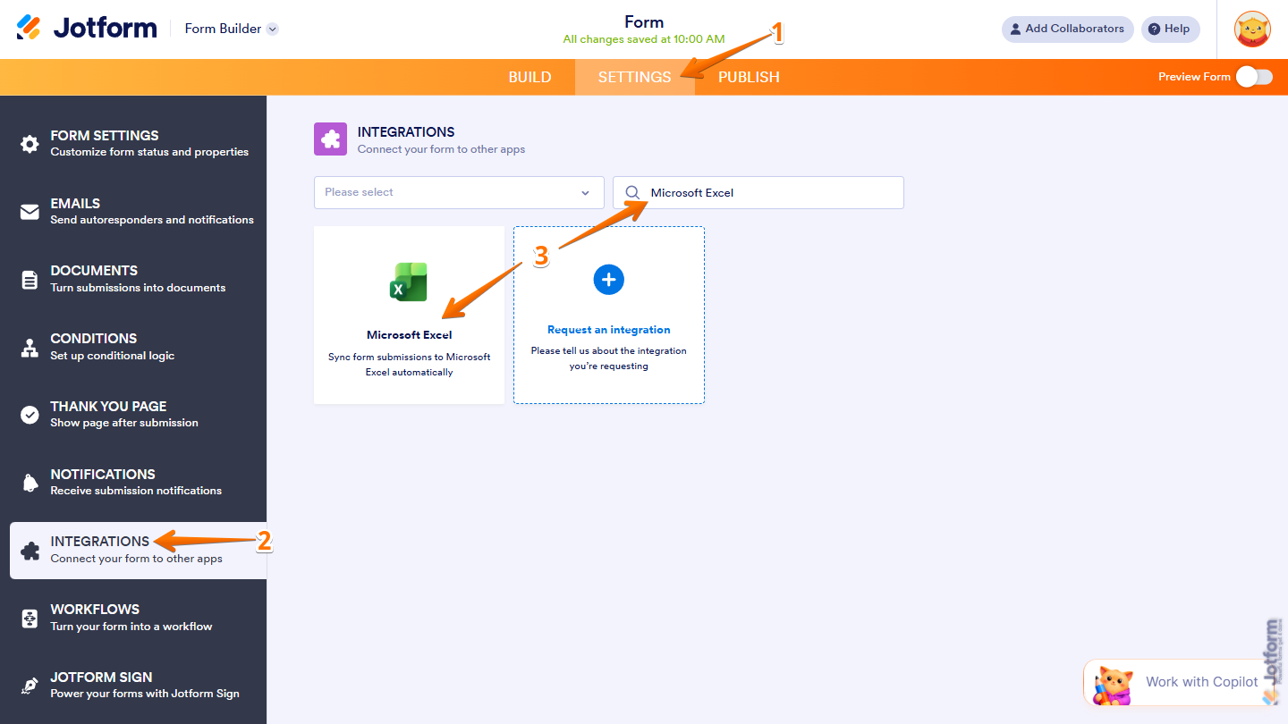 Microsoft Excel option in the Integrations tab of Jotform Form Builder