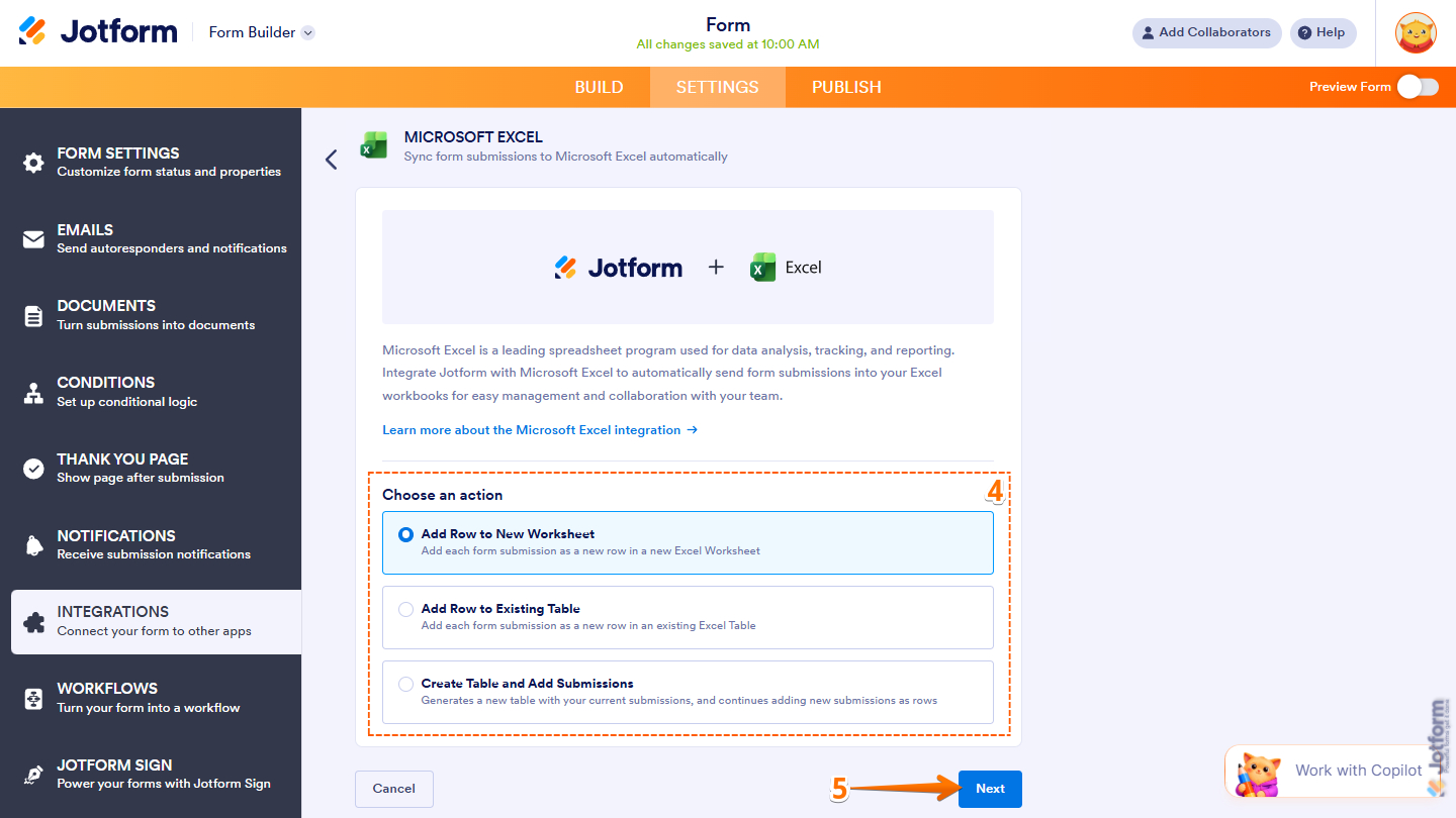 Choose an action section in the Microsoft Excel integration