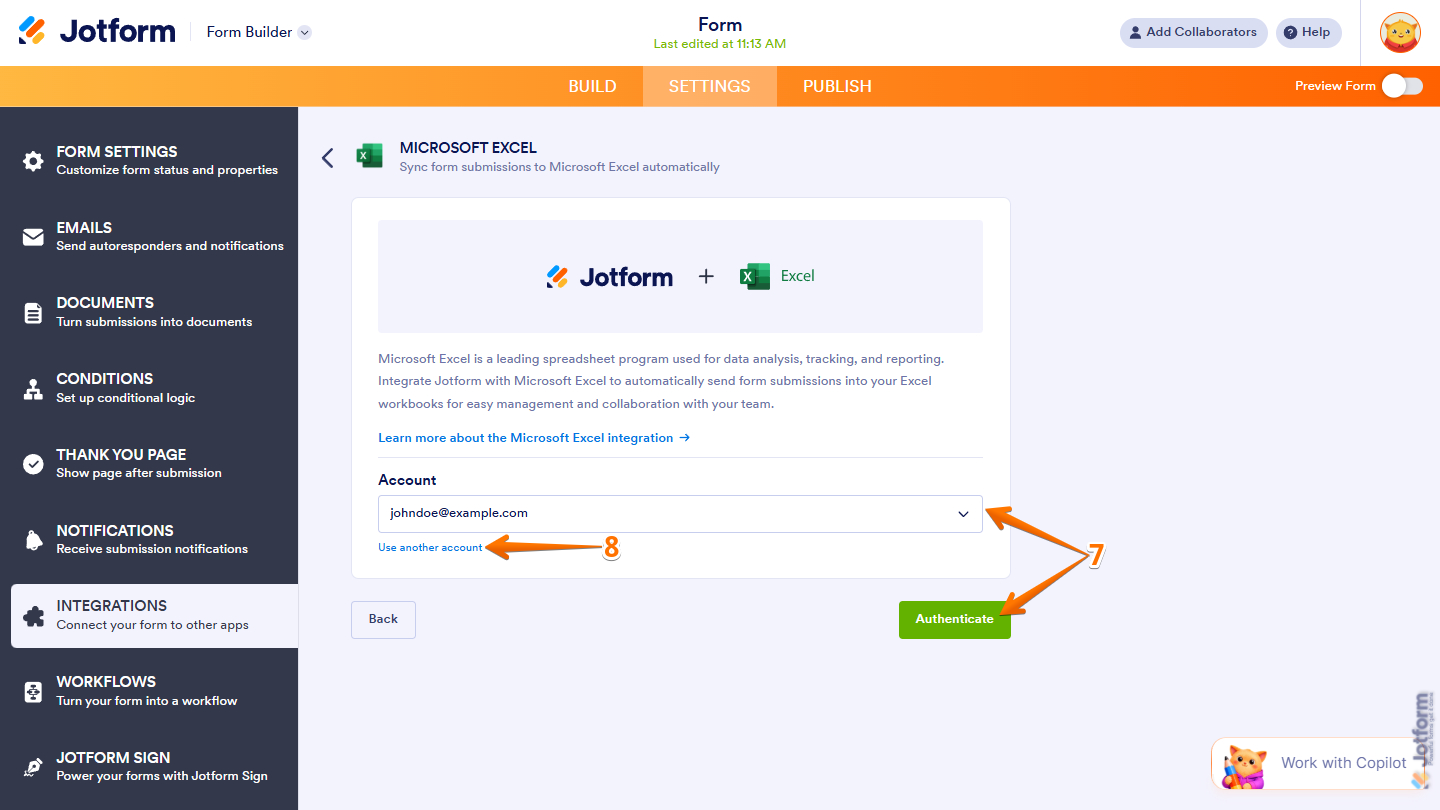 Account dropdown menu in Microsoft Excel integration