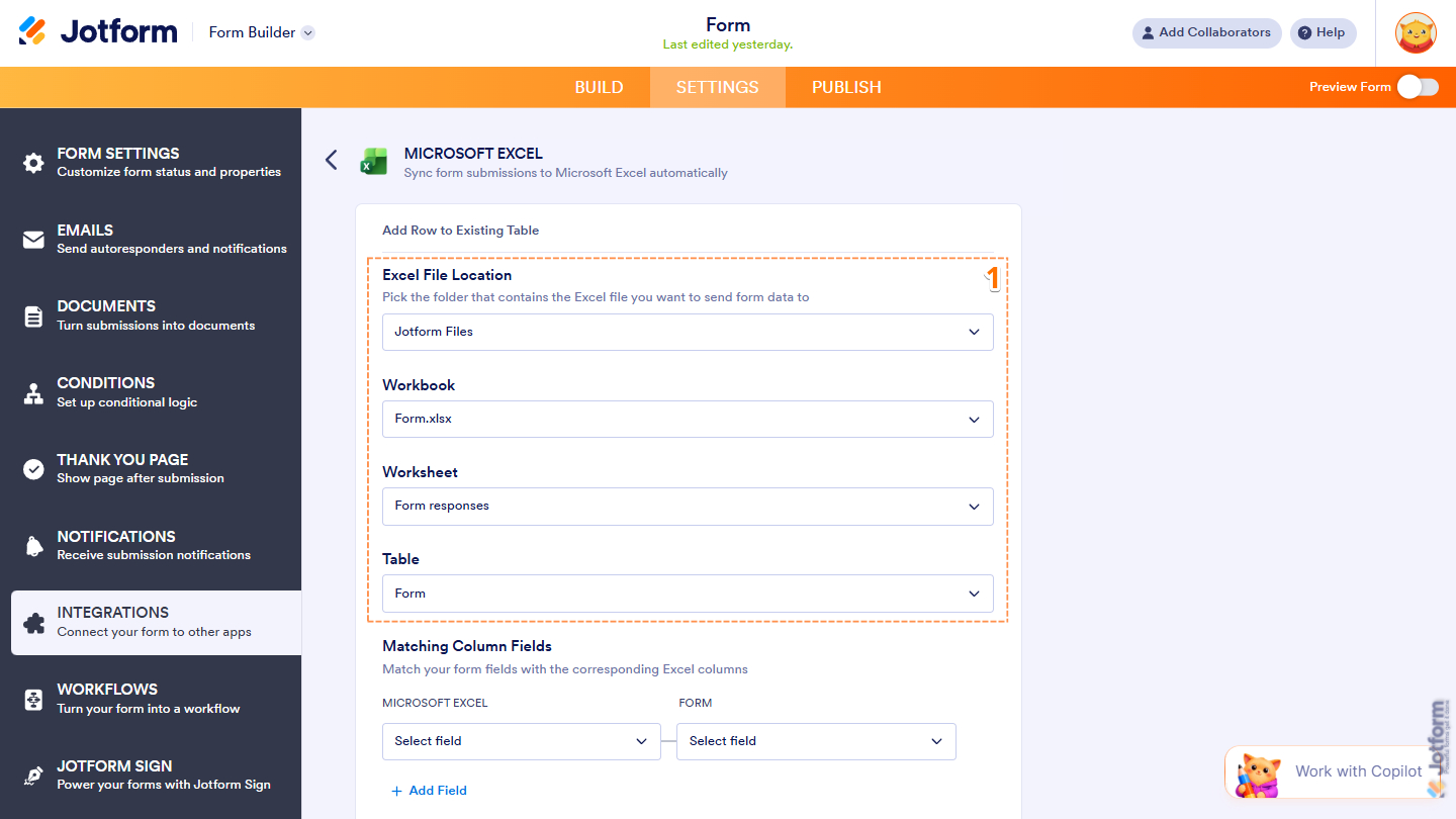 Excel File Location, Workbook Name, Worksheet, and Table options in the Add Row to Existing Table settings of Microsoft Excel integration