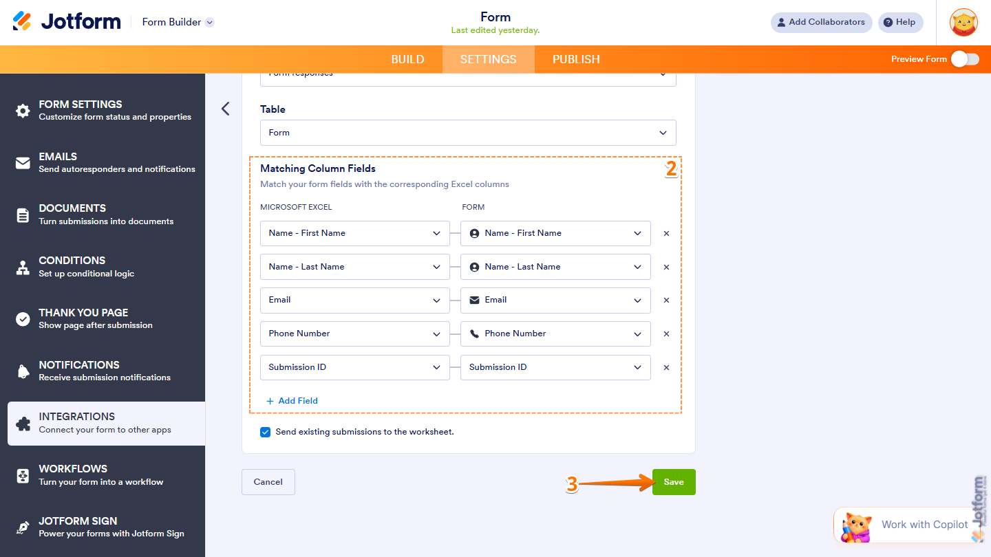 Matching Column Fields in the Add Row to Existing Table settings of Microsoft Excel integration