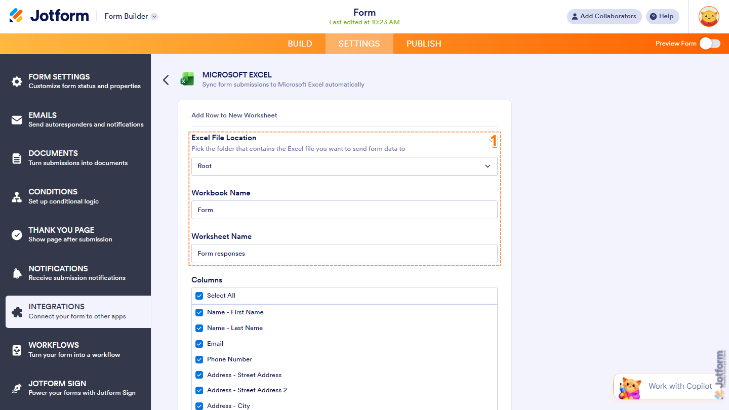 Excel File Location, Workbook Name, and Worksheet Name options  in the Add Row to New Worksheet settings of the Microsoft Excel integration