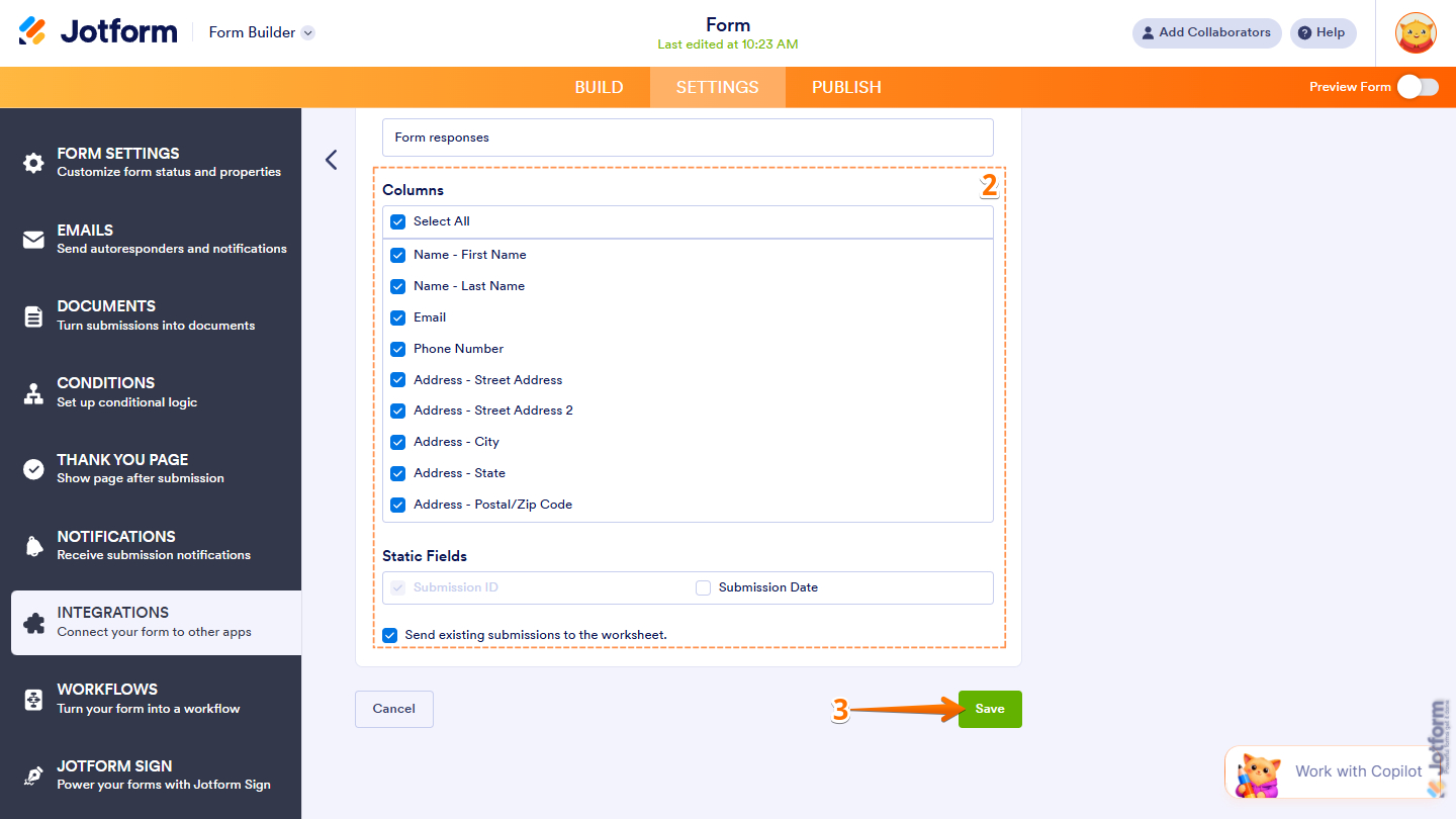 Columns and Static Fields options  in the Add Row to New Worksheet settings of the Microsoft Excel integration