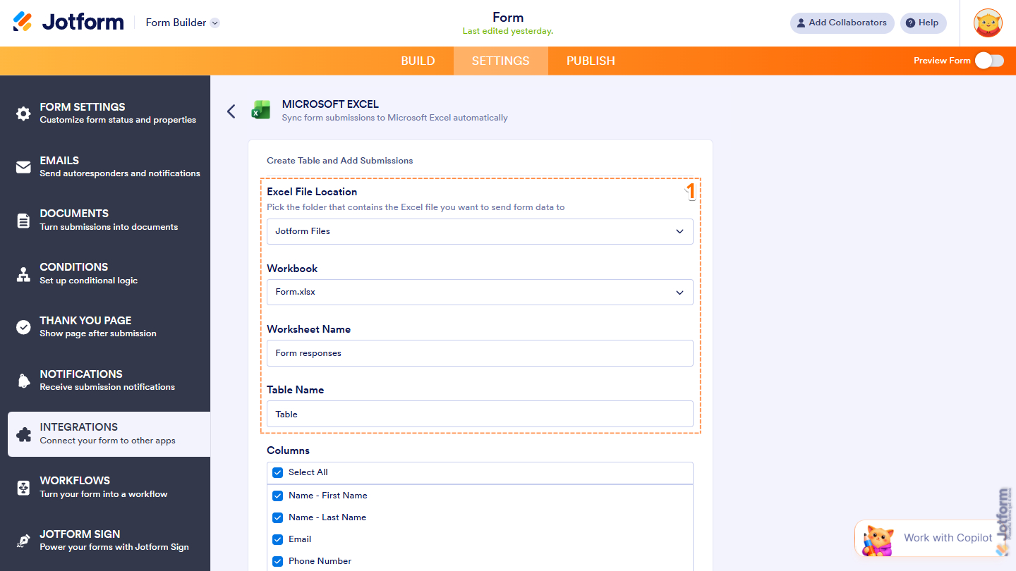 Excel File Location, Workbook Name, Worksheet Name, and Table Name options in the Create Table and Add Submissions settings Microsoft Excel integration