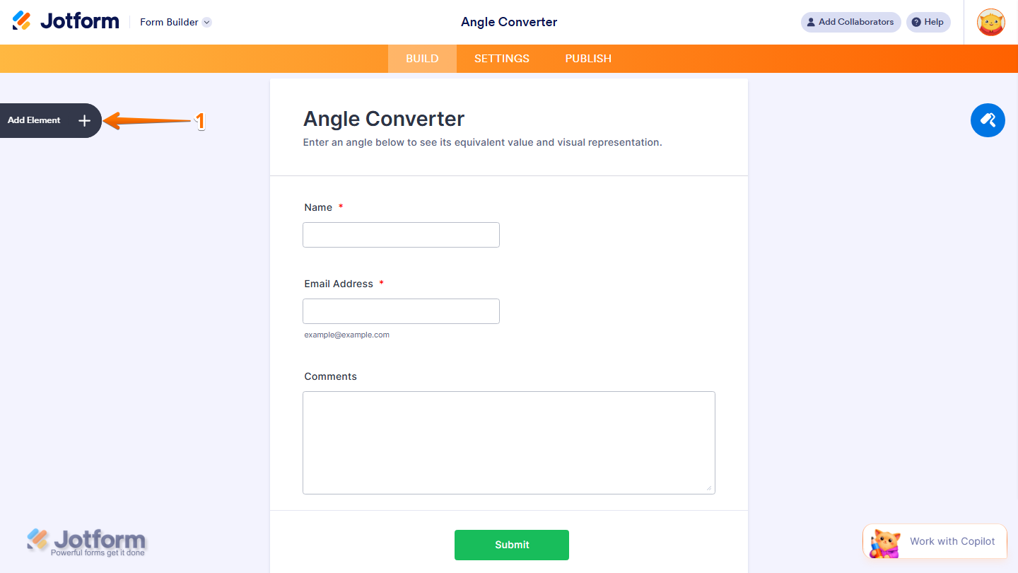 Form Builder showing Add Element button on the left side in Jotform