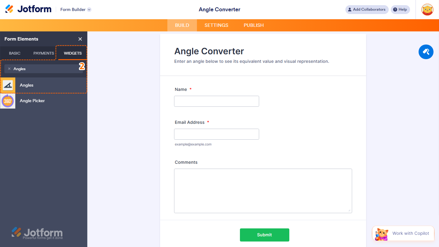 Form Elements Widgets tab showing Angles widget search and selection in Jotform