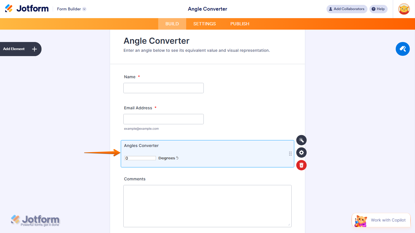 Form Builder showing Angles widget added to the form in Jotform