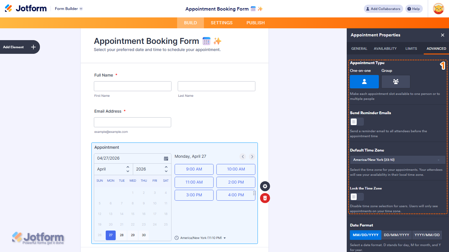 Appointment field Properties panel Advanced tab showing appointment type reminders and time zone settings in Jotform