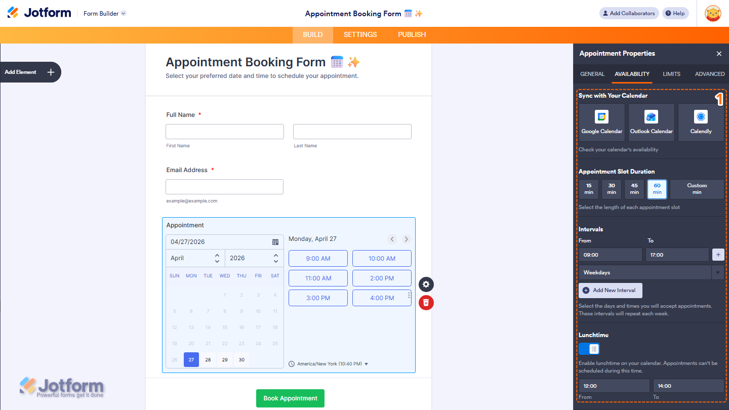 Appointment field Properties panel Availability tab showing calendar sync slot duration intervals and lunchtime options in Jotform