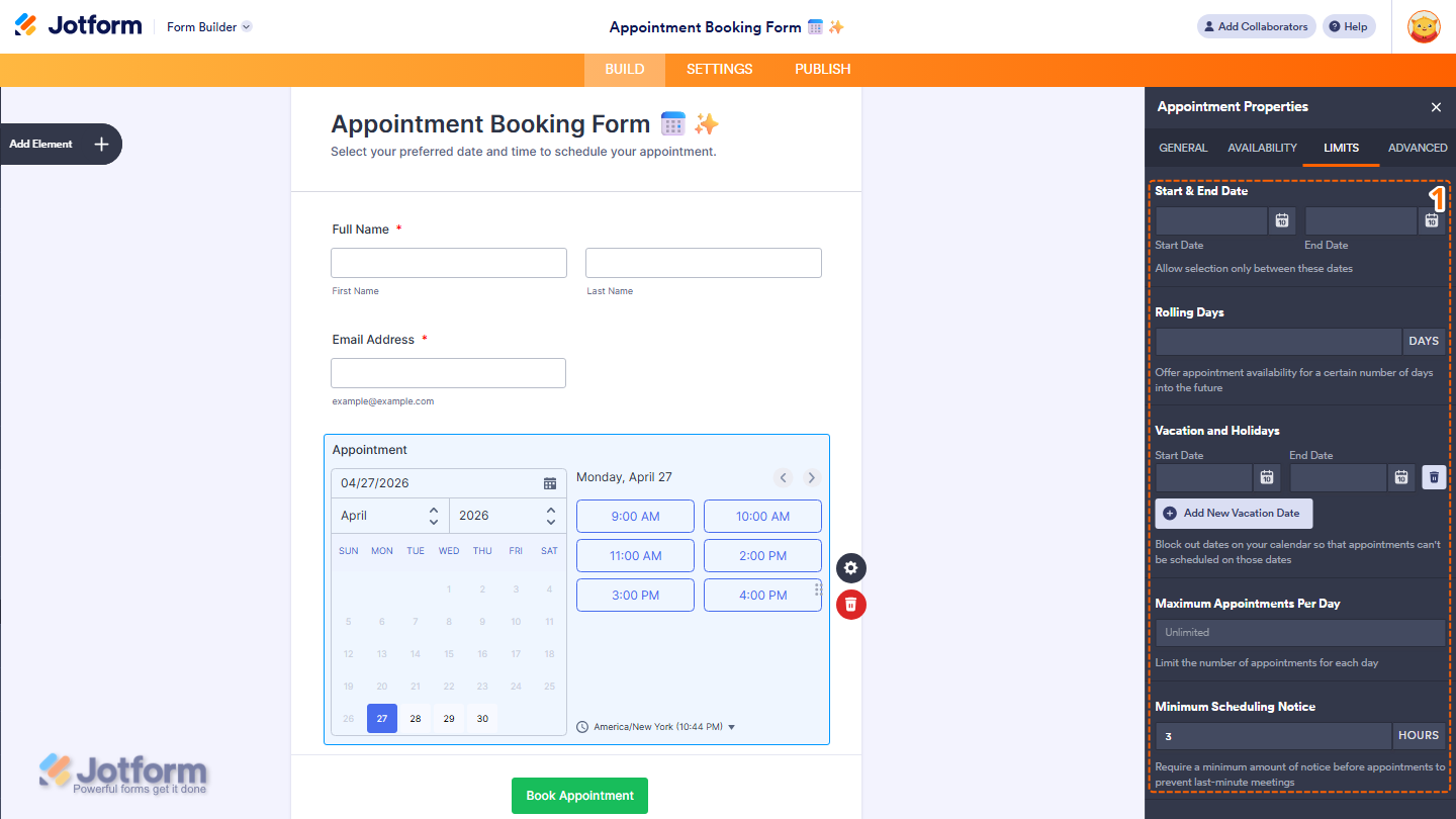Appointment field Properties panel Limits tab showing date range rolling days and scheduling limits in Jotform