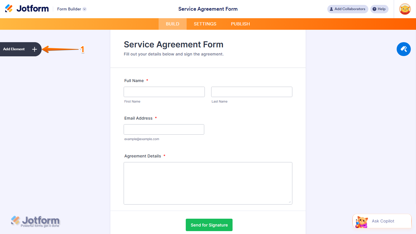 Form Builder showing Add Element button on the left side in Jotform