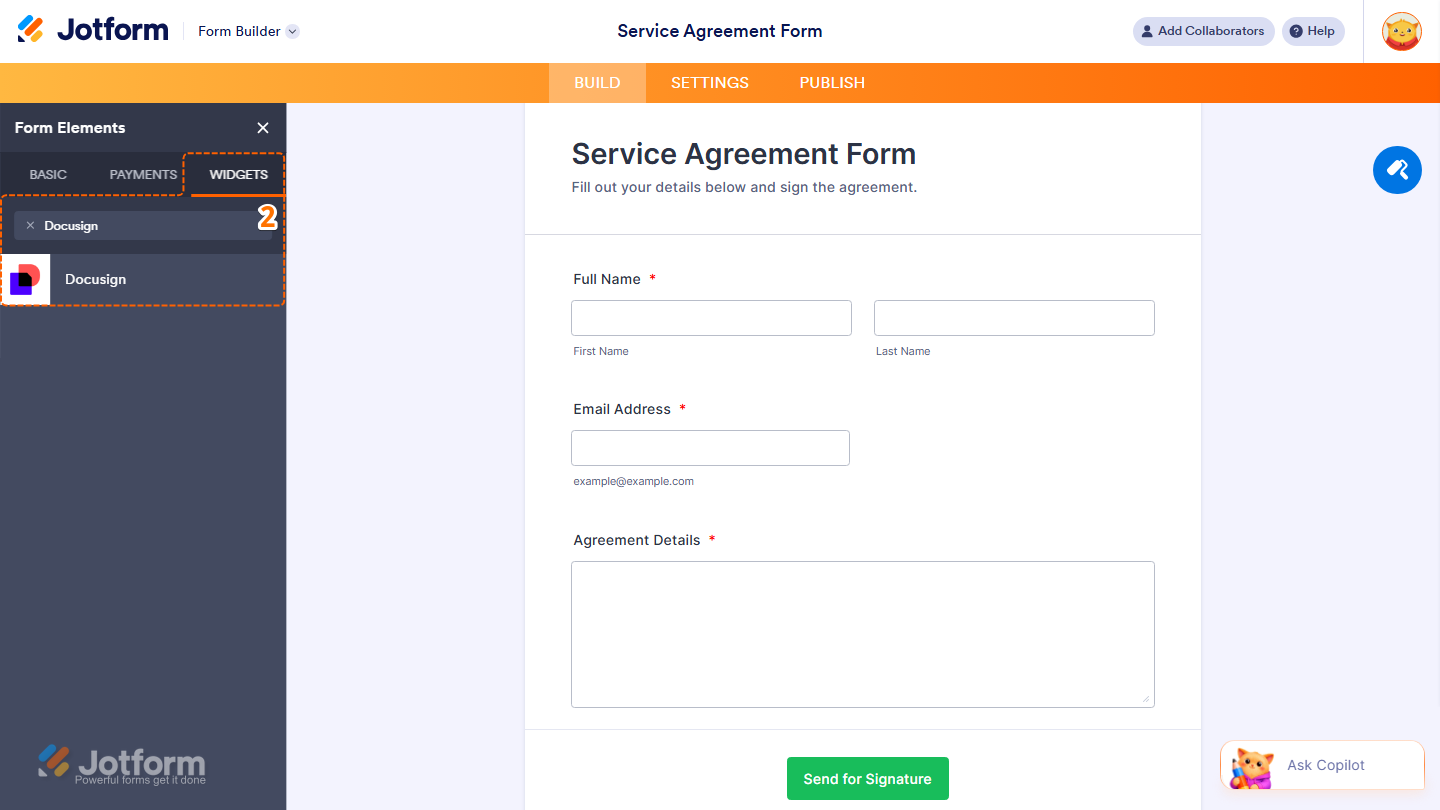 Form Elements Widgets tab showing Docusign widget search and selection in Jotform