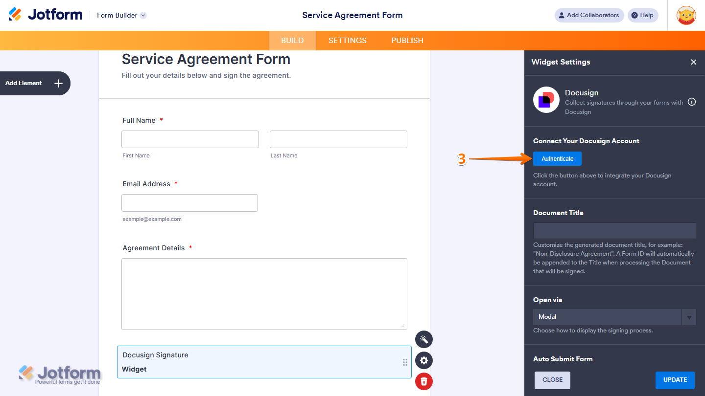 Widget Settings panel showing Authenticate button for Docusign integration in Jotform