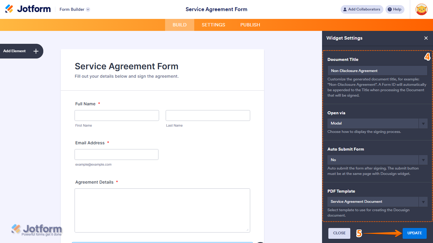 Widget Settings showing Document Title Open Via Auto Submit and PDF Template options in Jotform