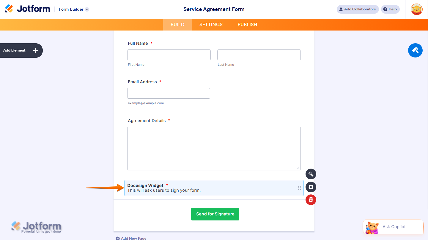 Form Builder showing Docusign widget added to the form in Jotform