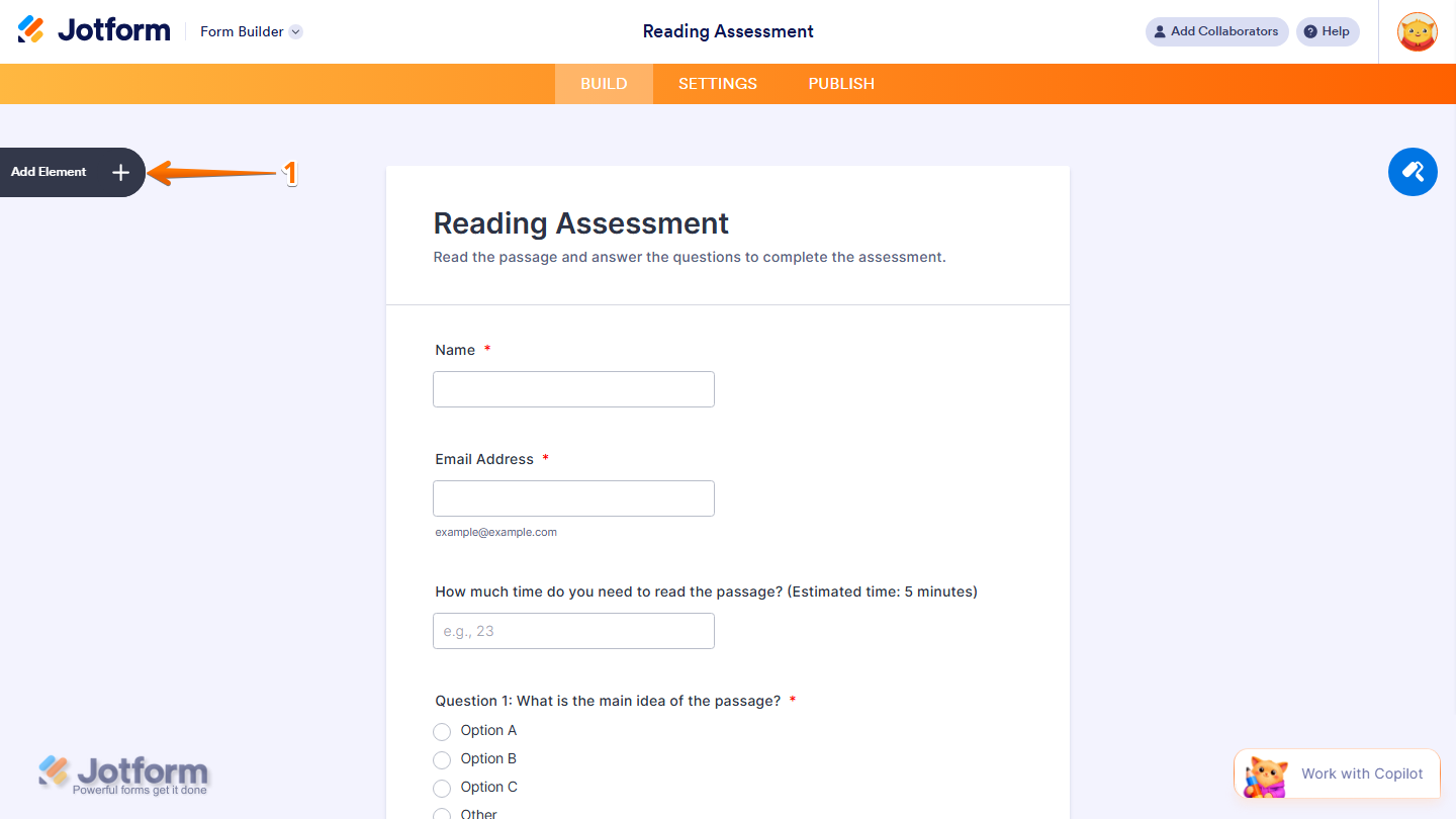 Form Builder showing Add Element button on the left side in Jotform