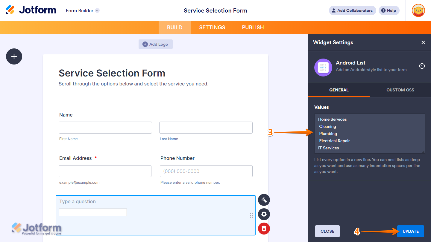 Widget Settings General tab showing Values Input field and Update button in Jotform
