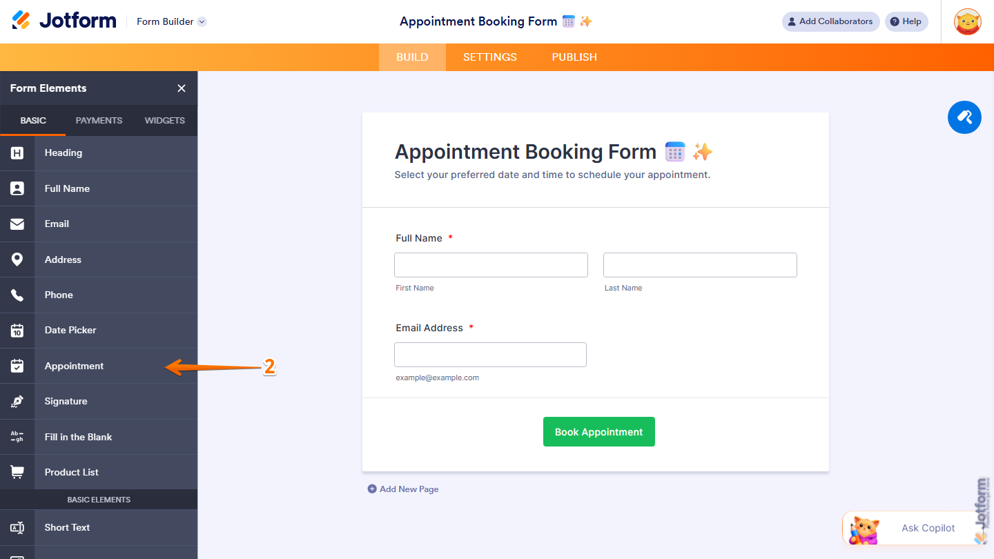 Form Elements Basic tab showing Appointment field selection in Jotform