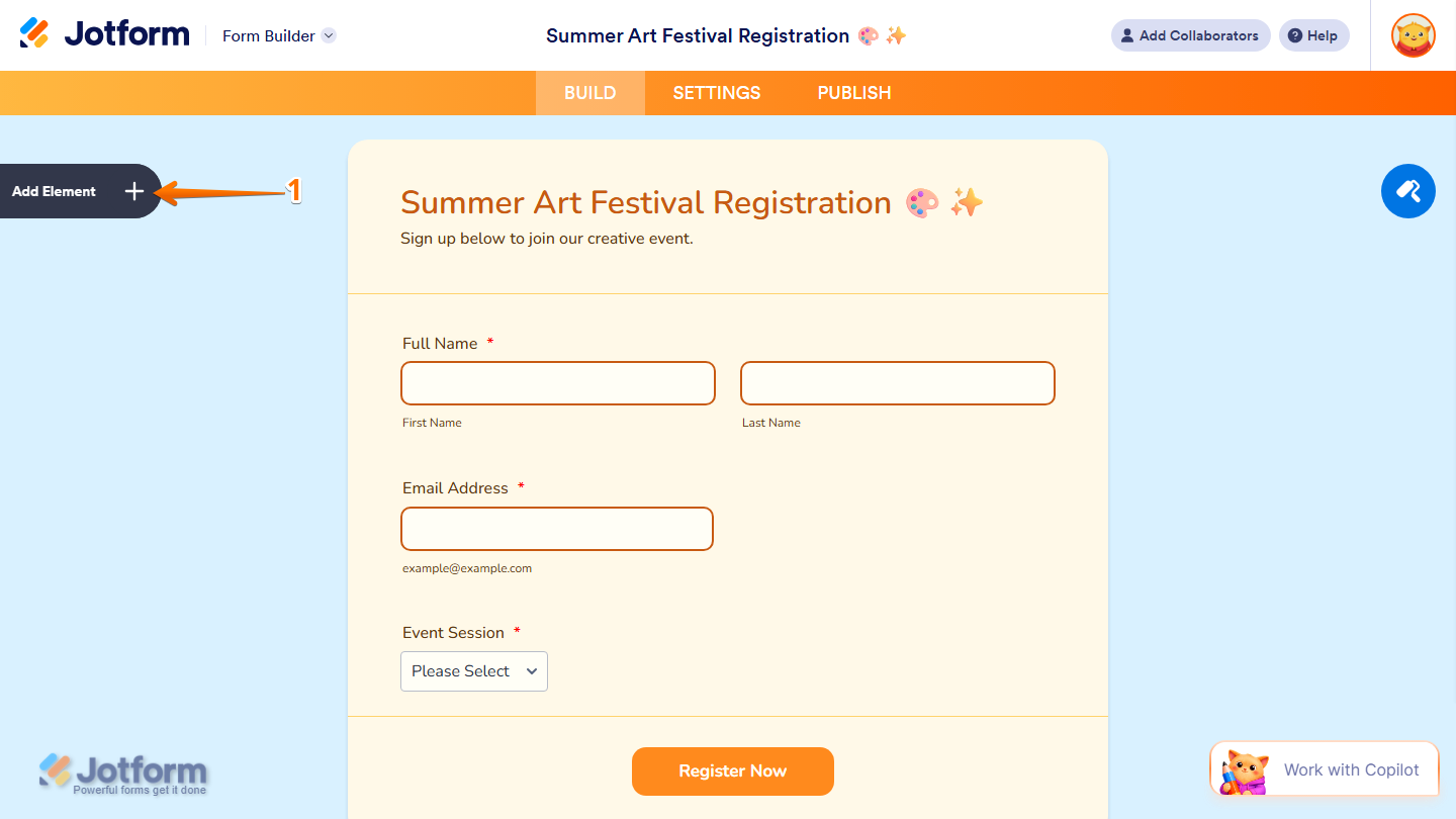Form Builder showing Add Element button on the left side in Jotform