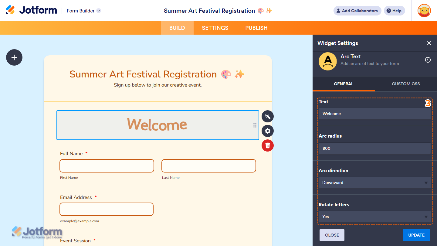 Widget Settings General tab showing Text Arc Radius Arc Direction and Rotate Letters options in Jotform