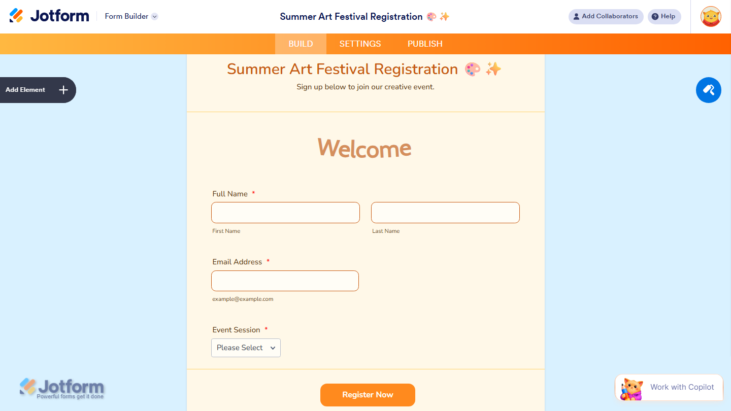 Form Builder showing Arc Text widget added to the form in Jotform
