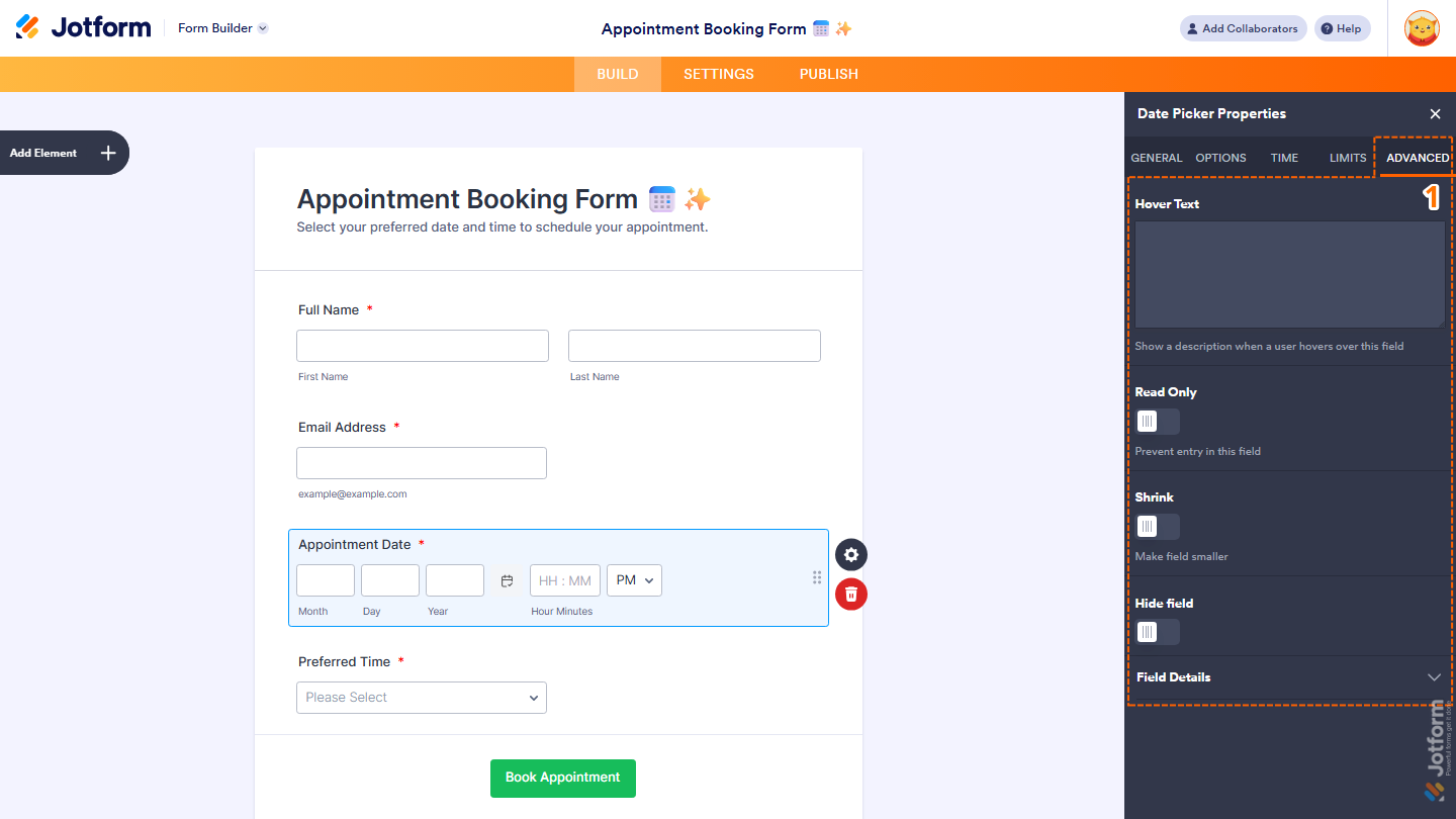 Date Picker Properties panel Advanced tab showing hover text read only shrink hide field and details in Jotform