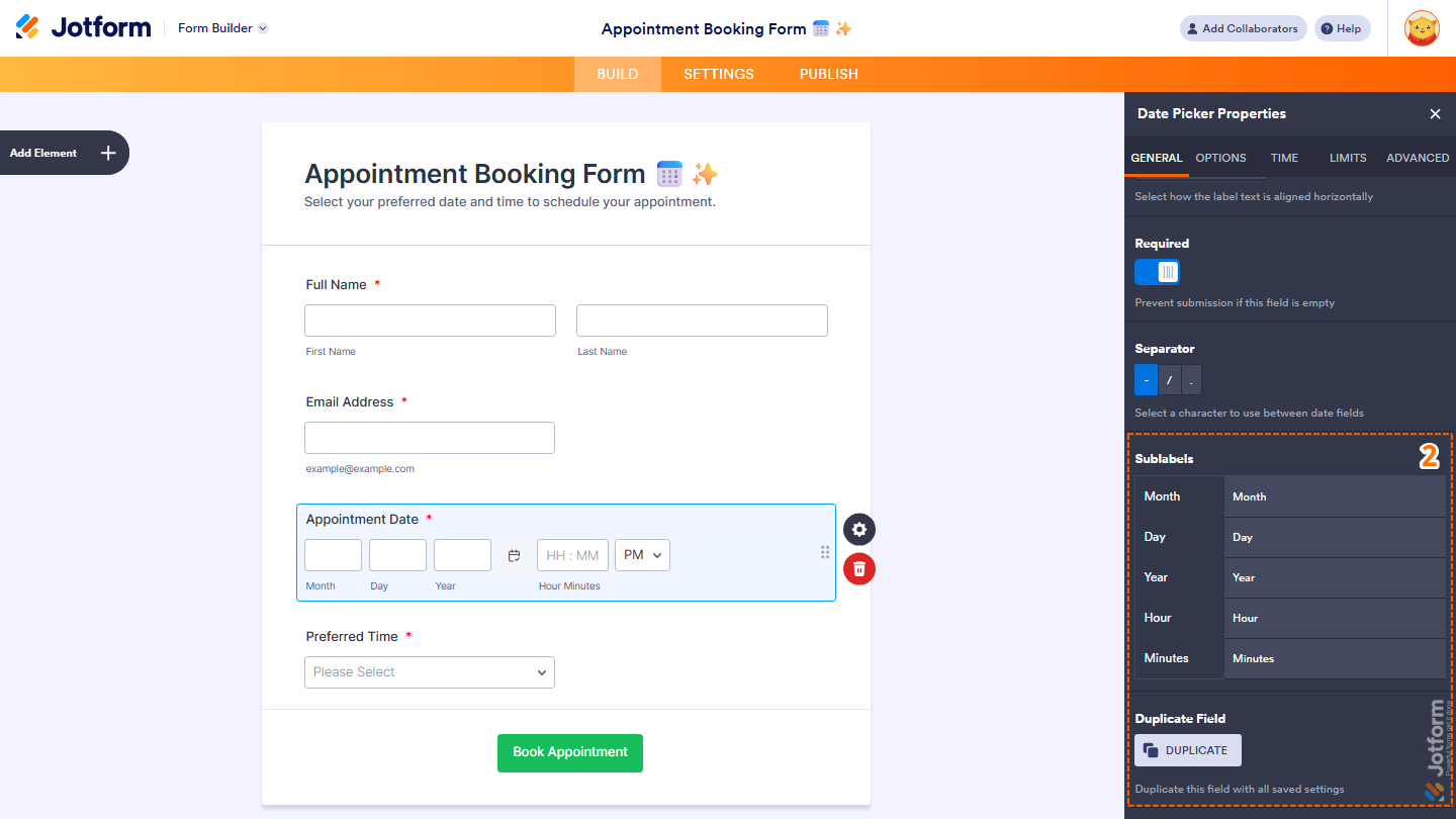 Date Picker Properties panel General tab showing sublabel and Duplicate Field options in Jotform