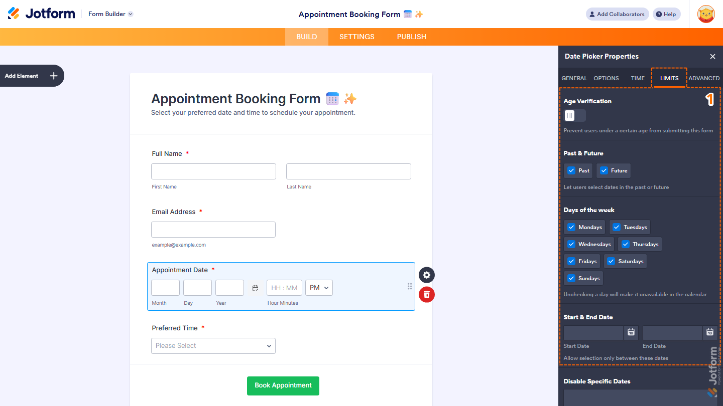 Date Picker Properties panel Limits tab showing age verification date range and day restrictions in Jotform