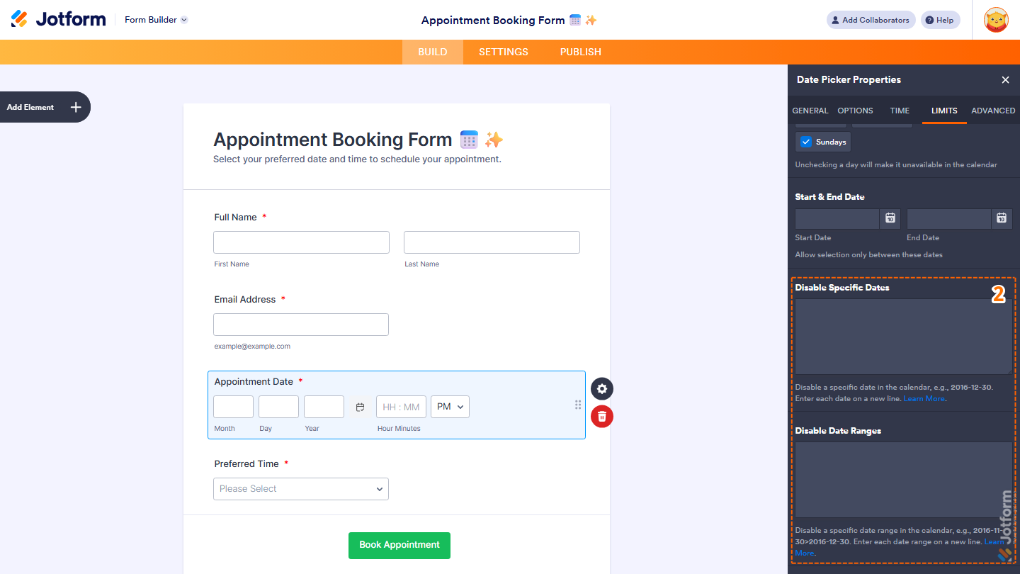 Date Picker Properties panel Limits tab showing disable specific dates and date ranges fields in Jotform
