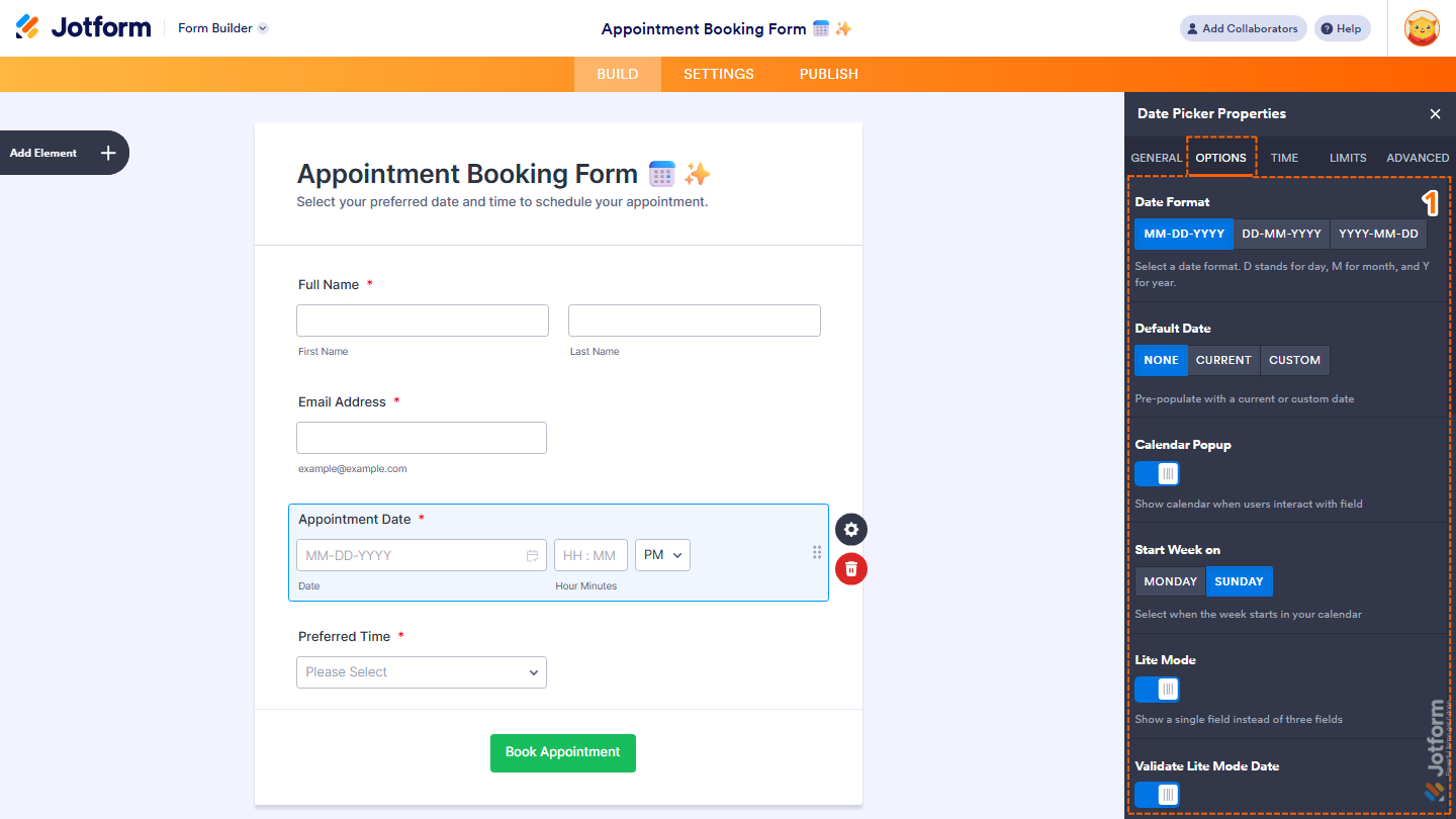 Date Picker Properties panel Options tab showing date format default date and calendar settings in Jotform