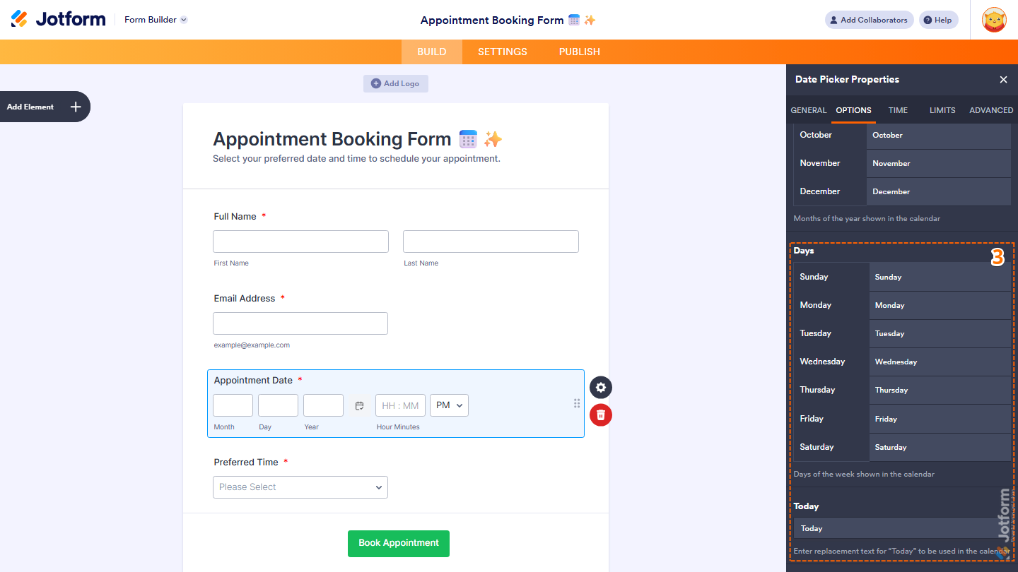 Date Picker Properties panel Options tab showing customizable day names and Today button text in Jotform