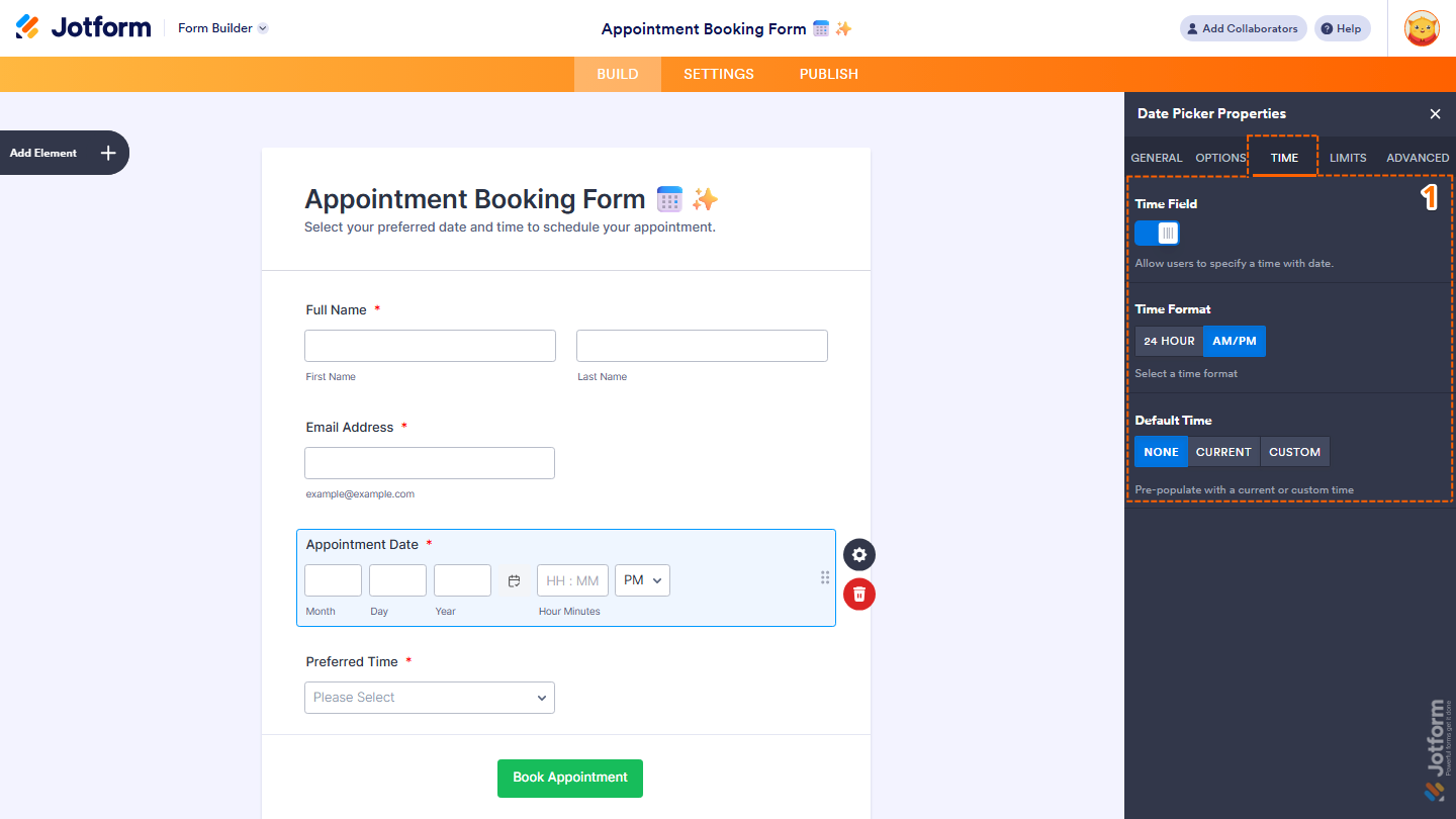 Date Picker Properties panel Time tab showing time field toggle format and default time options in Jotform