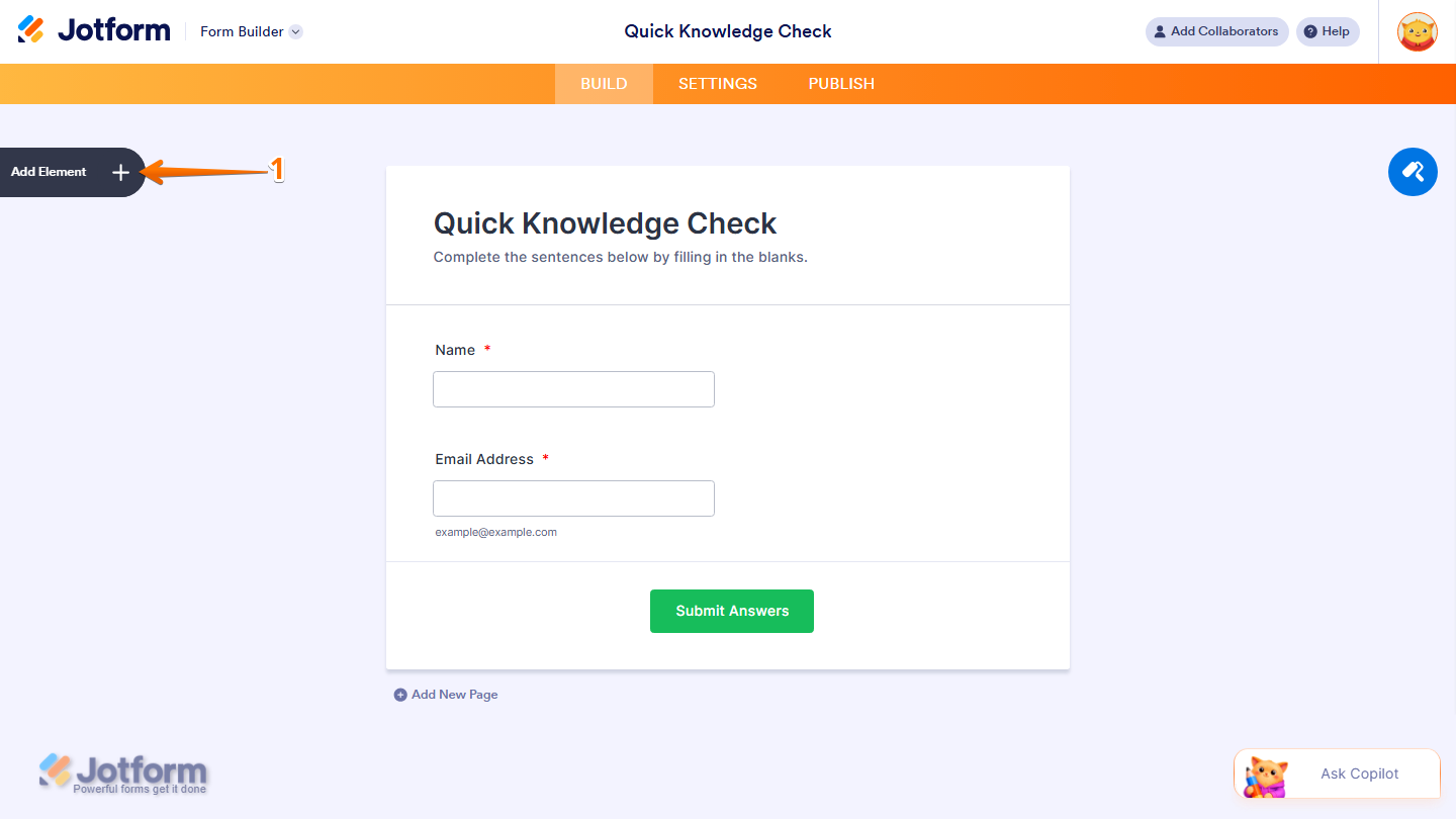Form Builder showing Add Element button on the left side in Jotform